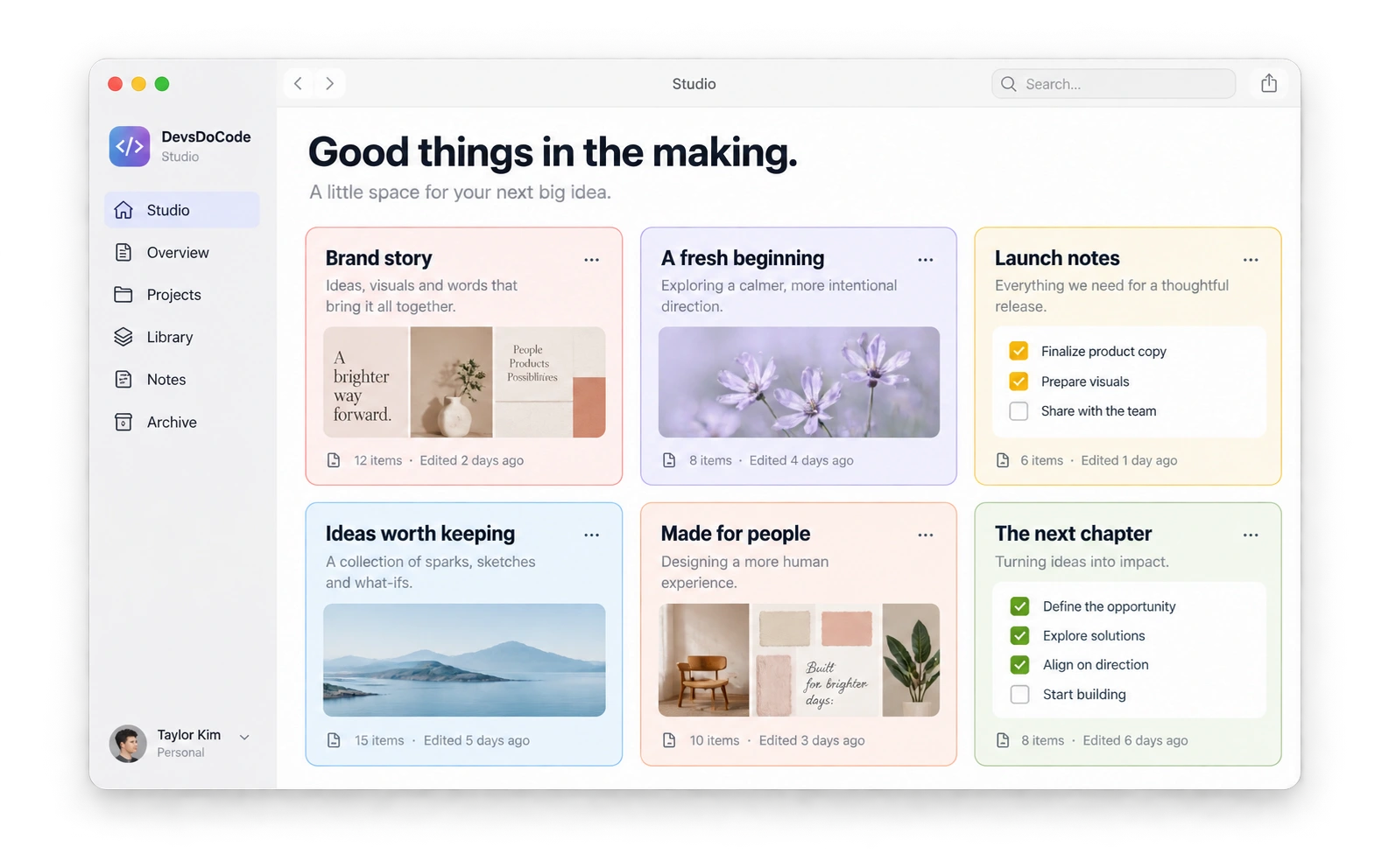 Concept workspace with colorful project boards, creative ideas, and launch notes